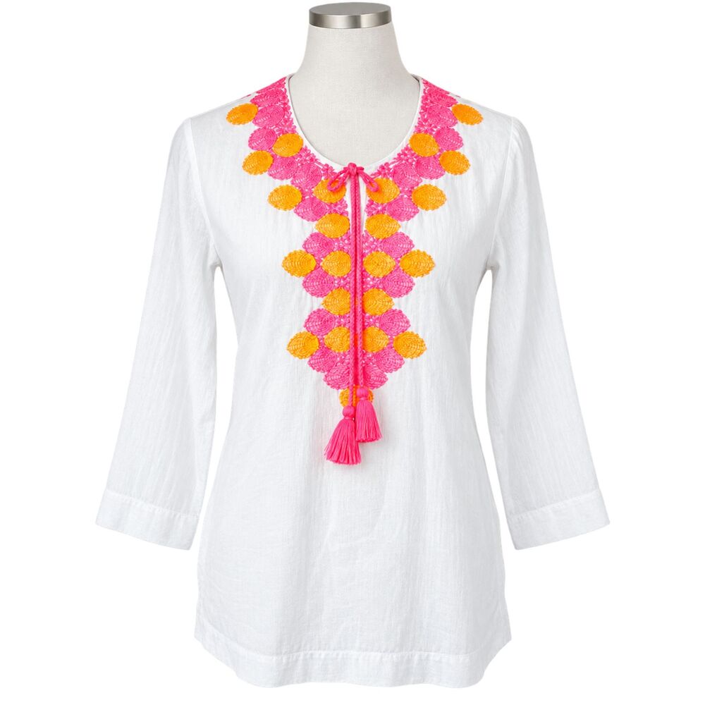 Lilly Pulitzer XS Cotton Tunic Top Embroidered Neon Pink Orange Tassel Boho